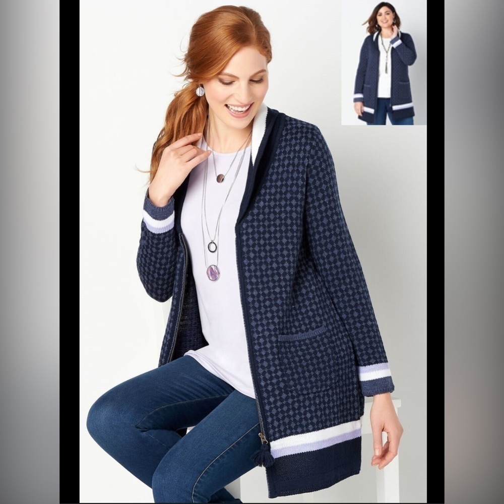 Christopher & Banks  Navy‎ Blue Geometric Zip Cardigan Sweater PM PM/M